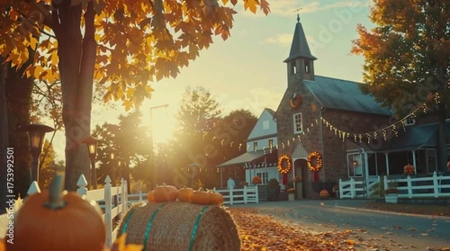 Autumnal church decorated with pumpkins and fall foliage at golden hour, evoking a festive and cozy harvest season atmosphere.