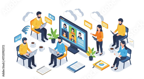 Isometric vector illustration of a video conference call with colleagues, remote work and online meeting
