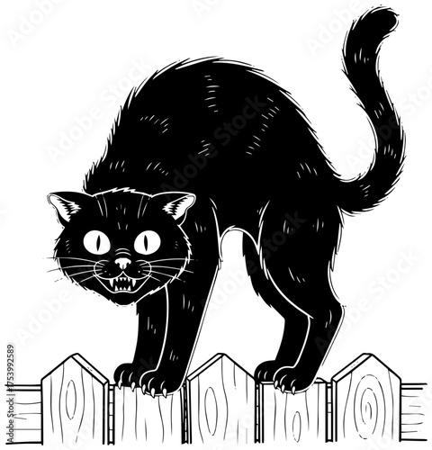Spooky black cat hissing on fence, perfect Halloween design element or icon