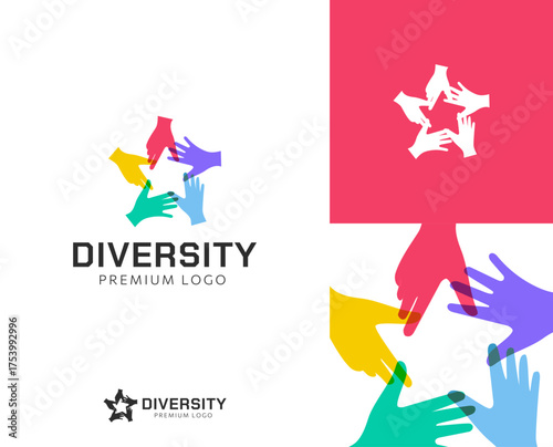 Modern diversity logo design, vector template of multi-colored hands creating a star shape for corporate branding and social groups
