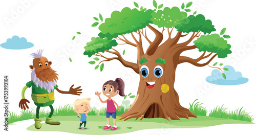 A bearded man and two children stand by a large, friendly animated tree with a smiling face, lush green leaves, and a playful atmosphere.