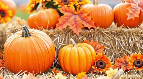 Autumn Harvest Display with Pumpkins, Hay Bales, and Colorful Fall Decorations
