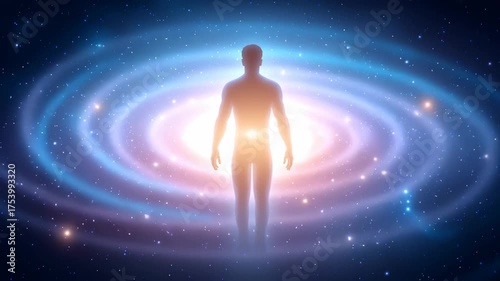 A glowing quantum energy field radiating colorful light waves, symbolizing the law of attraction and manifestation through powerful thoughts and emotions.