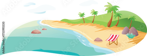 Illustration of a serene beach with a clear blue sea, sandy shore, and green palm trees. A red-and-white striped deck chair adds a relaxing vibe.