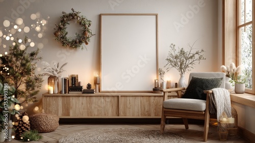 Realistic A3 white poster mockup on wall in cozy Christmas interior with candles, pine branches, garlands and warm Scandinavian festive decor
