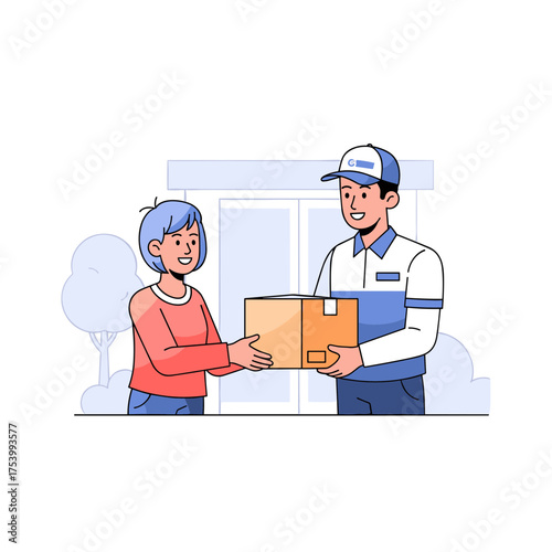 Friendly Delivery Man Handing Over Package to Smiling Woman at Home Doorstep, Efficient Postal Service