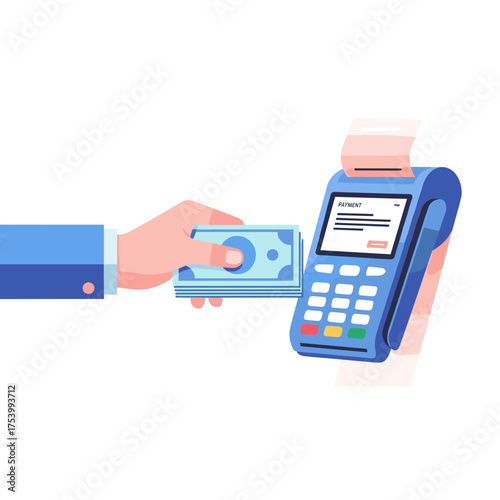 Hand Paying Cash at POS Terminal, Modern Payment Transaction Illustration for Retail