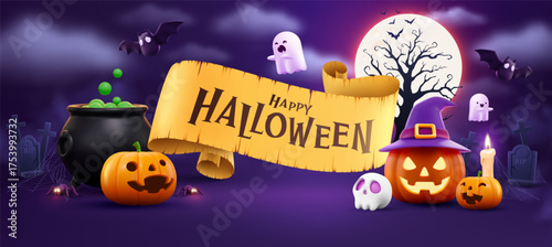 Happy Halloween Banner With Halloween Pumpkin Witch Hat Cauldron Ghost Bat Candle Skull Spider Tombstones And Full Moon In Spooky Halloween Night Scene For Halloween Poster Or Party Invitation Design