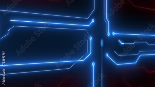 A dynamic motion graphic of an abstract circuit board with glowing blue lines, symbolizing high tech, data, network, and computing.