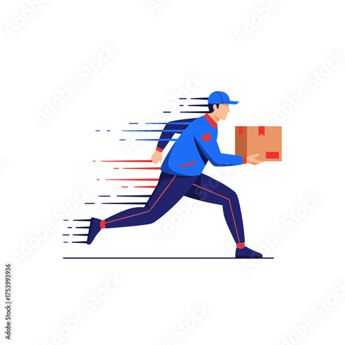 Fast running delivery man holding package with speed lines, express service.