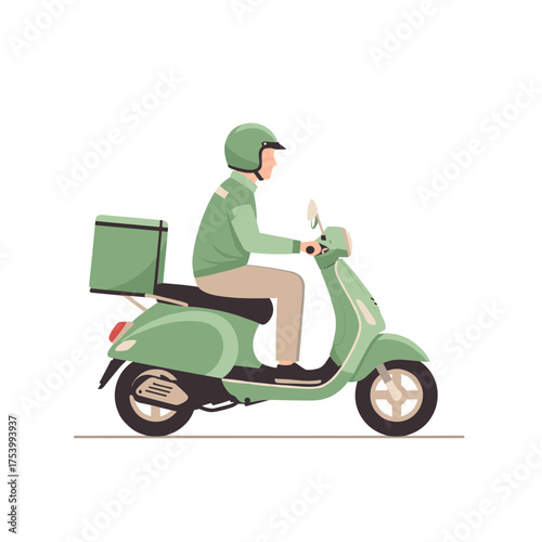 Delivery person on green scooter with parcel box, simple style illustration.
