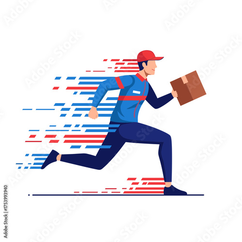 Dynamic illustration of running delivery man holding package, speed concept.
