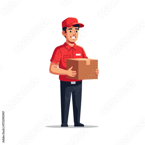 Smiling delivery man in red uniform standing and holding a package.