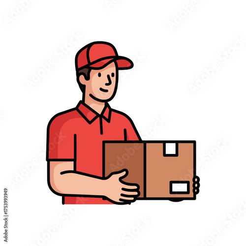 Simple line art illustration of delivery man in red uniform holding package.