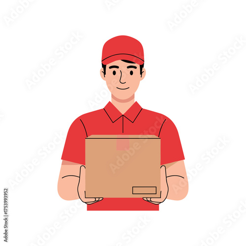 Delivery man in red uniform and cap presenting a package, front view.