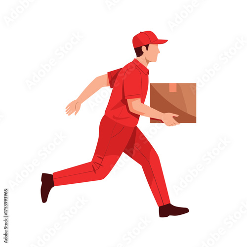 Delivery man in red uniform running with a package, fast shipping.