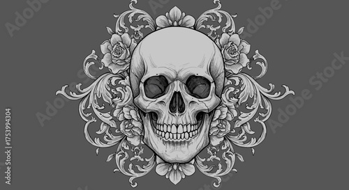 A detailed black and white illustration of a human skull adorned with ornate floral scrollwork, presented against a solid grey background