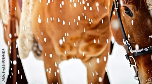 Horse in Winter Snowfall. Golden-brown equine with bridle standing in a snowy landscape, gentle flakes falling on its coat.