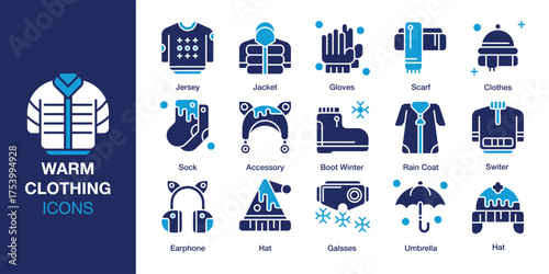 Warm Clothing Icon set. Containing set, season, hat, design, garment, wear and more. Solid vector icons collection. Vector illustration.