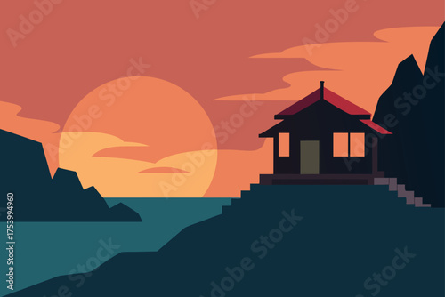 Minimalist house on a cliff overlooking the ocean at sunset