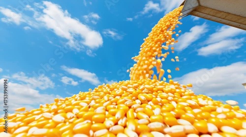 Golden Corn Kernels Pouring, Forming a Pile Against a Bright Blue Sky with Clouds