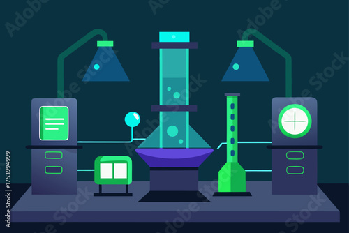 Futuristic laboratory equipment with glowing tubes and screens