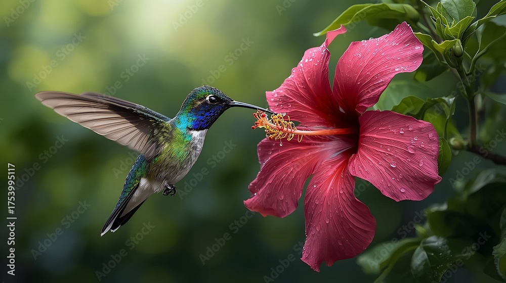 Naklejka premium Magnificent hummingbird feeding on pink flower