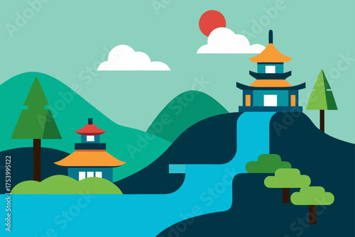Flat design illustration of a serene japanese landscape with pagodas and a waterfall
