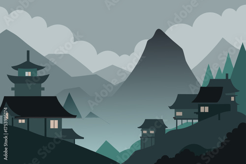 Serene mountain landscape with traditional japanese architecture and pagodas
