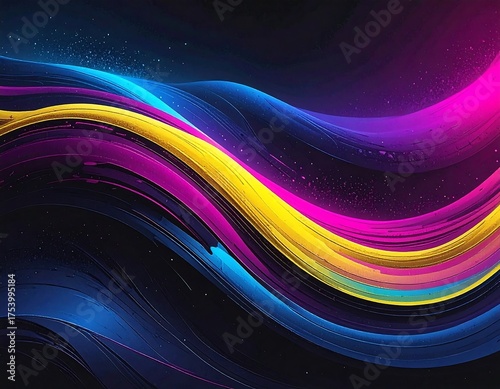 Abstract artwork of vibrant, flowing lines in shades of blue, pink, yellow, and purple