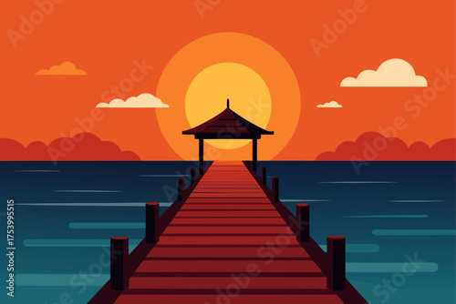 Flat design illustration of a pier leading to a gazebo at sunset