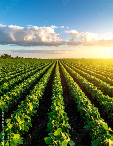 Lush, green crops stretch across a field towards a sunlit horizon under blue sky