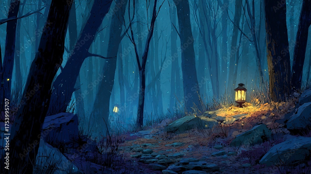 Fototapeta premium Halloween Night Forest Scene with Lantern-Lit Trail Through Dark Woods 