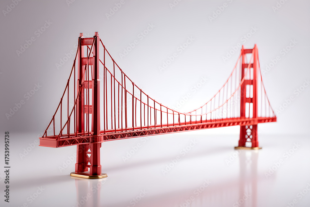 Fototapeta premium Realistic Studio Photograph of Miniature Gold Golden Gate Bridge Model on White Background