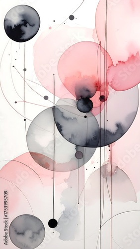 Abstract artwork of watercolor circles, interconnected with lines, creating a visually engaging composition