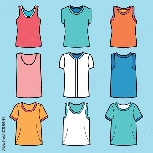 Nine cartoon-style tops in a grid on a blue background. Colors include red, teal, orange, pink, white, and blue, with varied necklines and sleeve styles.