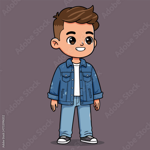 A cheerful cartoon boy with stylish hair is standing and smiling while wearing a denim jacket and jeans.