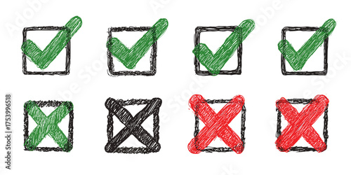 Hand-Drawn Checkmarks and Crosses in Boxes