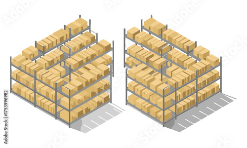 Storage Facility Vector illustration — Isometric Warehouse Organization Scene, business storage elements, easily editable.