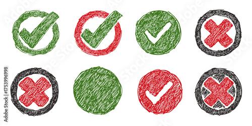 Hand-Drawn Check Marks and Crosses in Scribbled Circle Designs