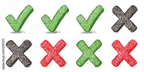Set of hand-drawn checkmarks and crosses. Green ticks and red, black, and green X marks with a scribbled, sketchy texture.