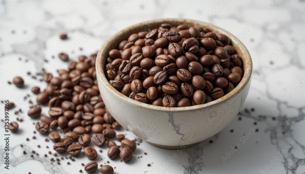 Fototapeta premium Roasted coffee beans in a bowl scattered on a marble surface perfect for coffee shops and food blogs