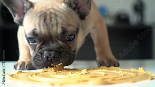 Adorable fawn French Bulldog puppy with a sweet expression intently licking a delicious creamy spread from a clean surface, showcasing a delightful moment of canine indulgence and pure joy