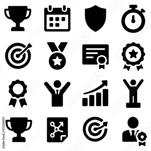 Success and Achievement Icons: A collection of meticulously designed icons representing core concepts of success, awards, and strategic progress, showcasing aspirations and triumphant milestones.