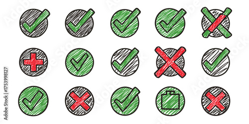 Hand-drawn Checkmarks and Crosses in Circles
