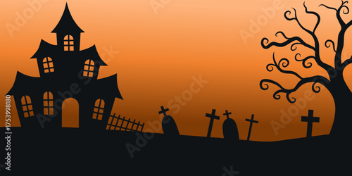Halloween background with silhouette of haunted house, dry tree, gravestone  