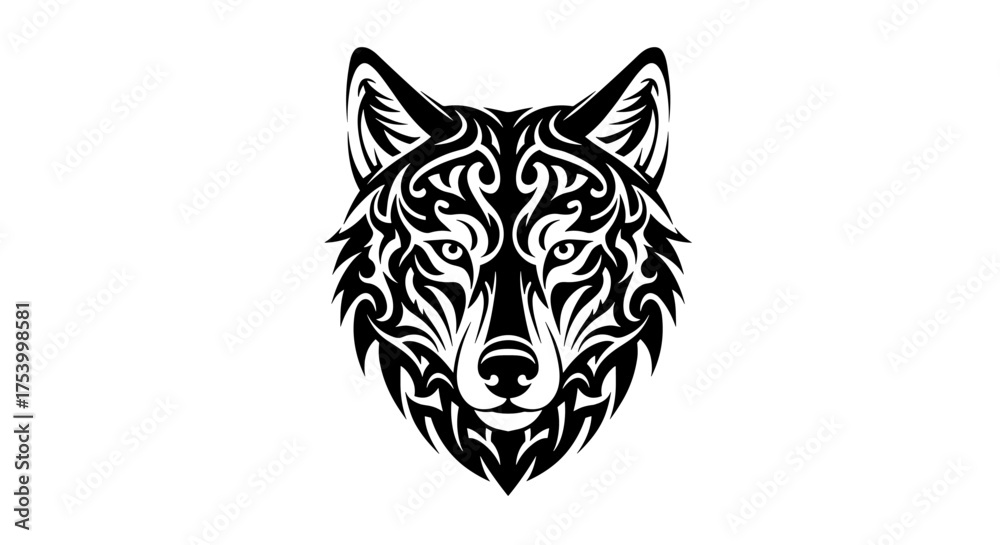 Fototapeta premium Ornate Wolf Head Illustration with Tribal Tattoo Design in Black and White