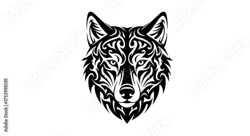 Ornate Wolf Head Illustration with Tribal Tattoo Design in Black and White