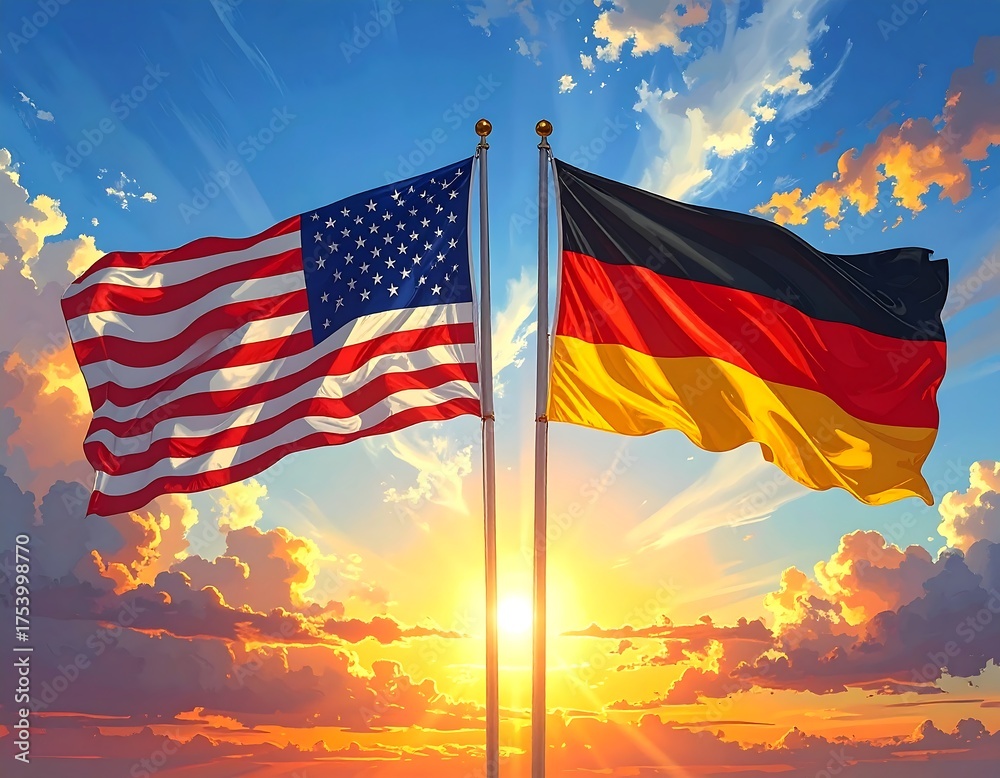 Obraz premium Flags of two nations waving against a dramatic sunset