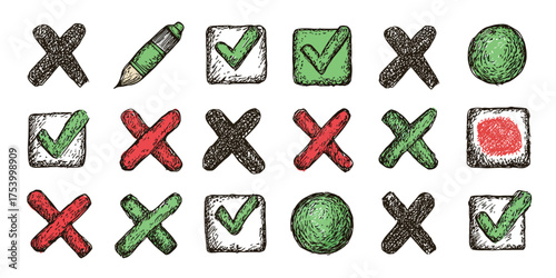 Hand-Drawn Check and X Marks in Various Colors and Styles